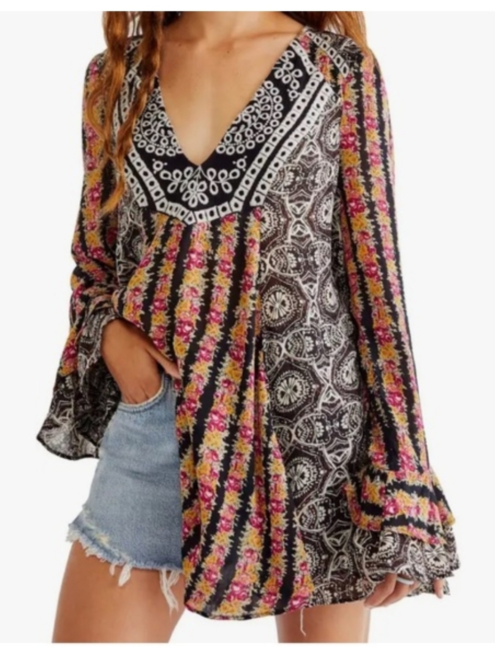 Free People Black Tunic Top Dress Pink Yellow Floral Stripes Falling Into You